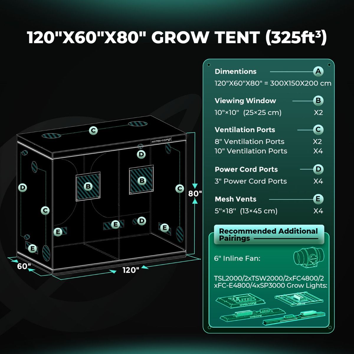 Mars Hydro Hydroponic 10'x5' Grow Tent - 120''X60''X80'' (300X150X200cm)