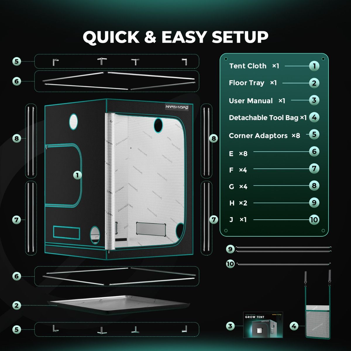 Mars Hydro Hydroponic 5x5 Grow Tent - 60''X60''X80'' (150X150X200cm)