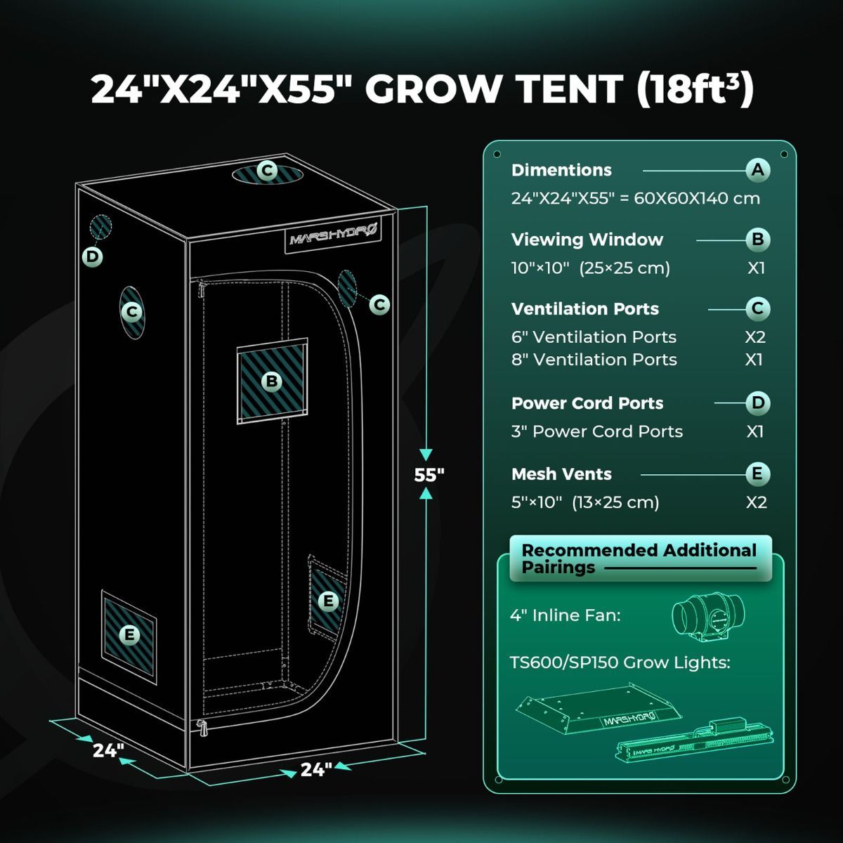 Mars Hydro TS 600 LED Grow Light + 2'X2'X4.5' (60X60X140CM) Grow Tent Kits+4” iFresh Full Fan Kits