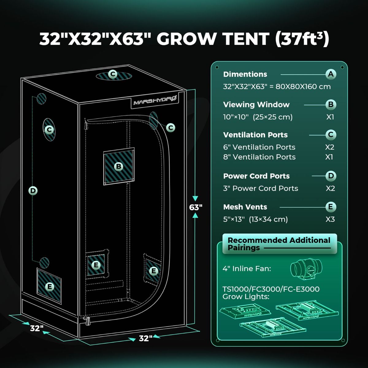 Mars Hydro Hydroponic 3x3 Grow Tent - 32''x32''x63'' (80x80x160cm)
