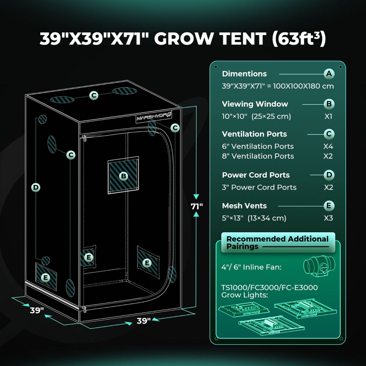 Mars Hydro Hydroponic 3x3 Grow Tent - 39''X39''X71'' (100X100X180cm)