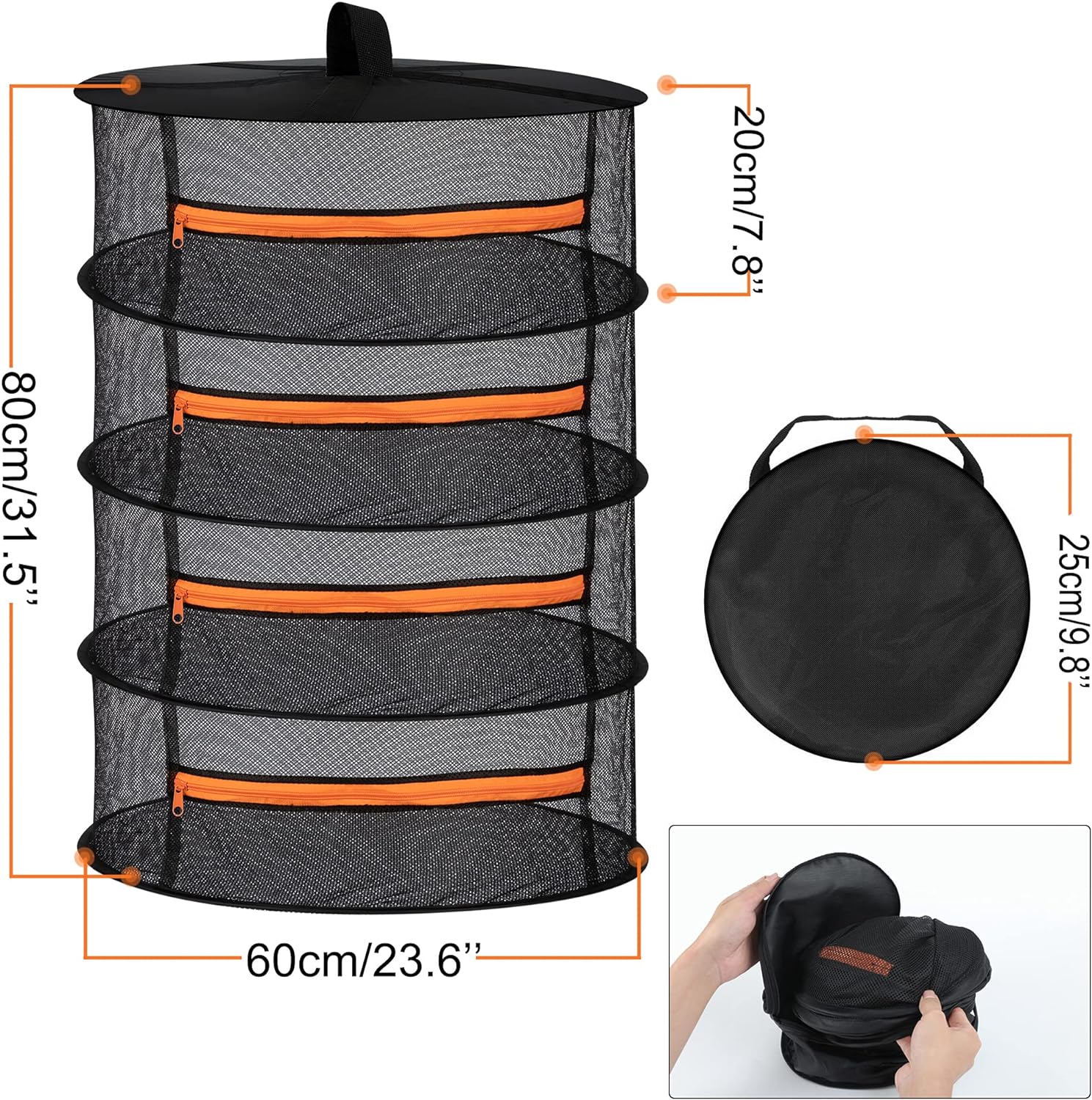 2ft Hanging Herb Drying Rack - 2/4/6/8 Layer Folding Mesh with Orange Zippers