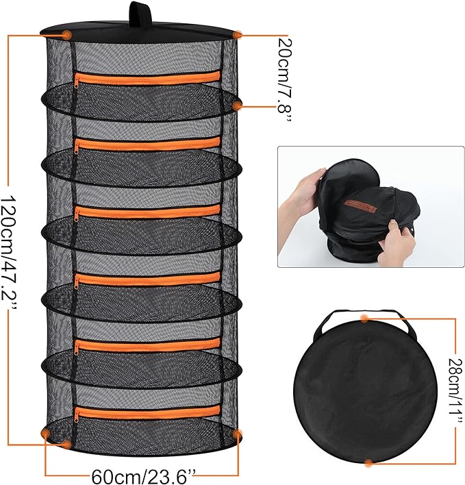 2ft Hanging Herb Drying Rack - 2/4/6/8 Layer Folding Mesh with Orange Zippers