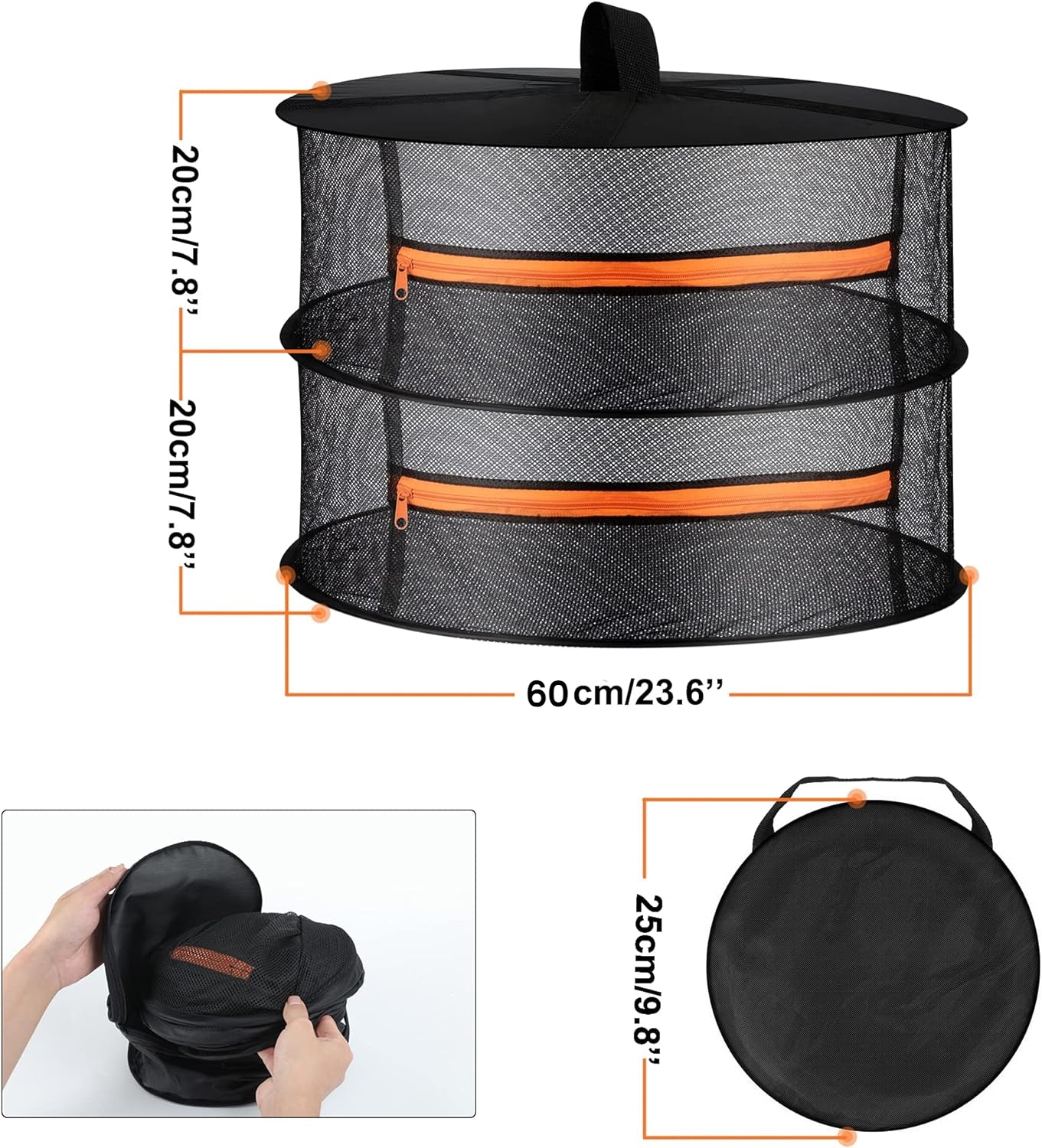2ft Hanging Herb Drying Rack - 2/4/6/8 Layer Folding Mesh with Orange Zippers