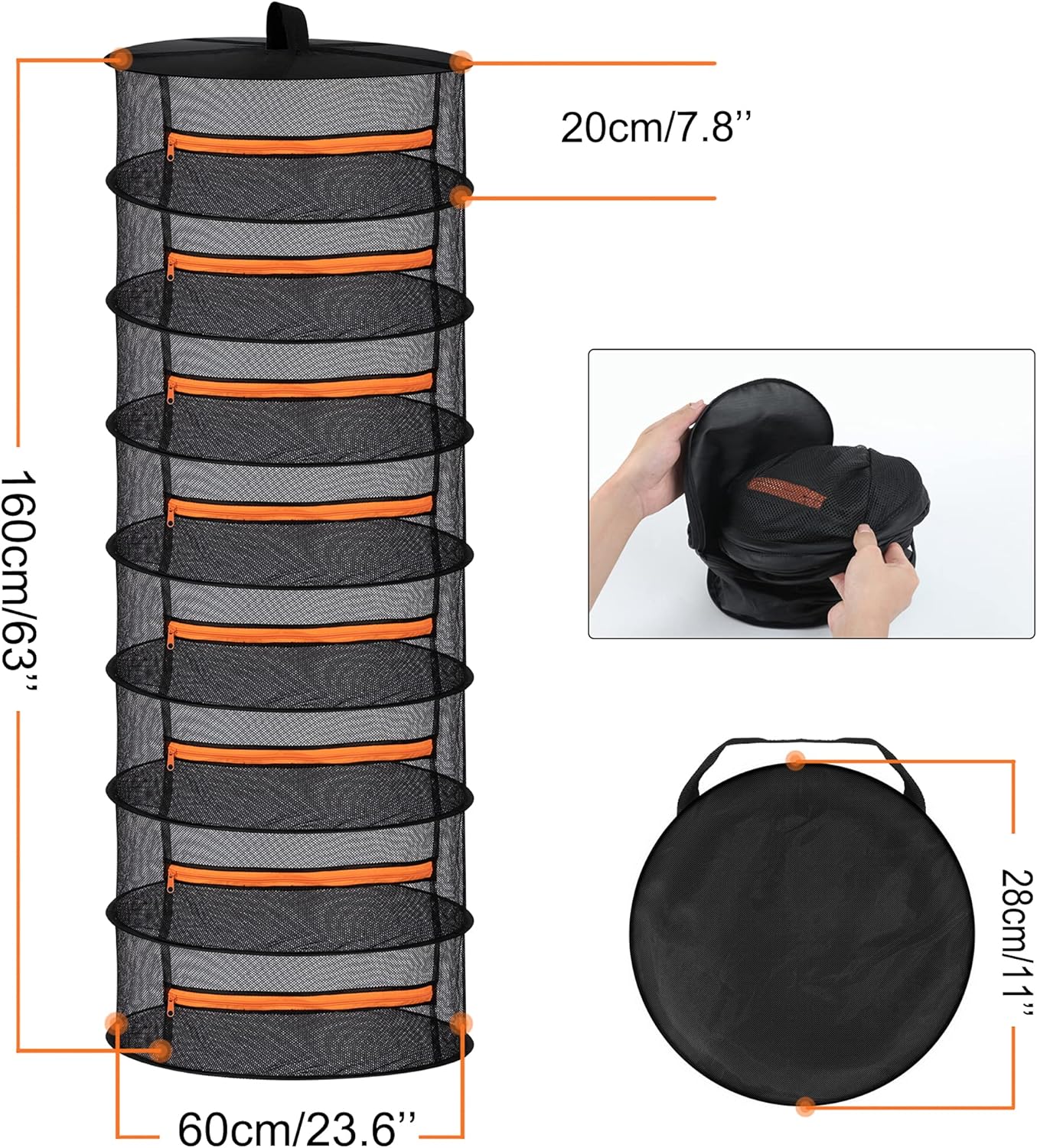 2ft Hanging Herb Drying Rack - 2/4/6/8 Layer Folding Mesh with Orange Zippers