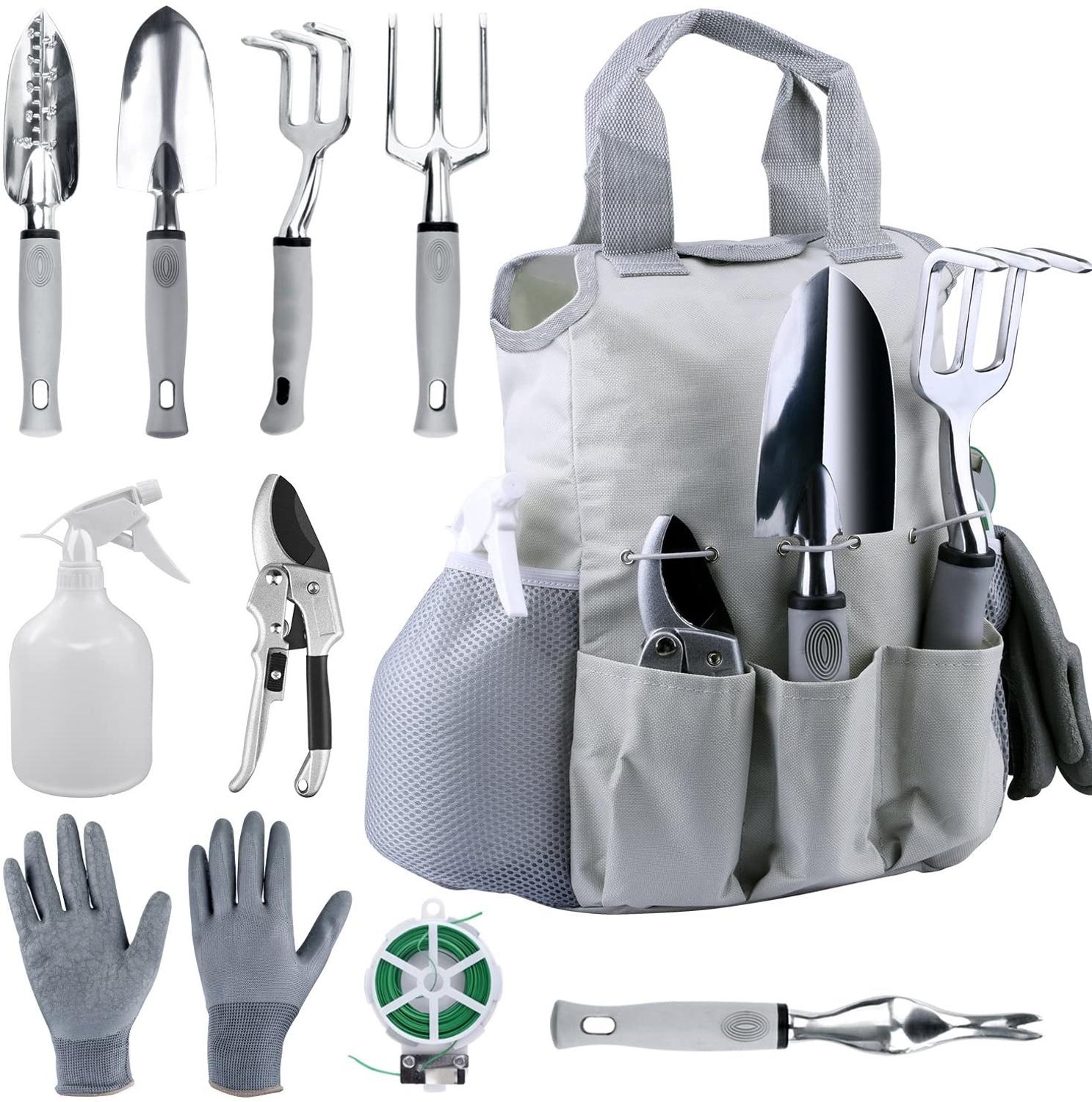 10-Piece Stainless Steel Garden Tool Set - Includes Shovel, Fork, Rake, Weeder, Gloves, Storage Bag, Pruner, Sprayer, Plant Tie