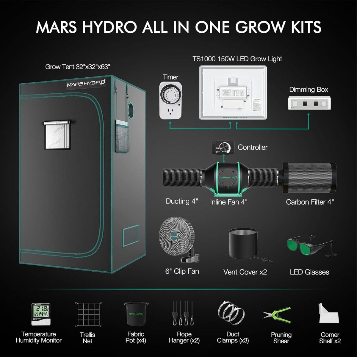 Mars Hydro TS 1000 LED Grow Light + 2.7'X2.7'(32"x32"x63") Indoor Complete Grow Tent Kits