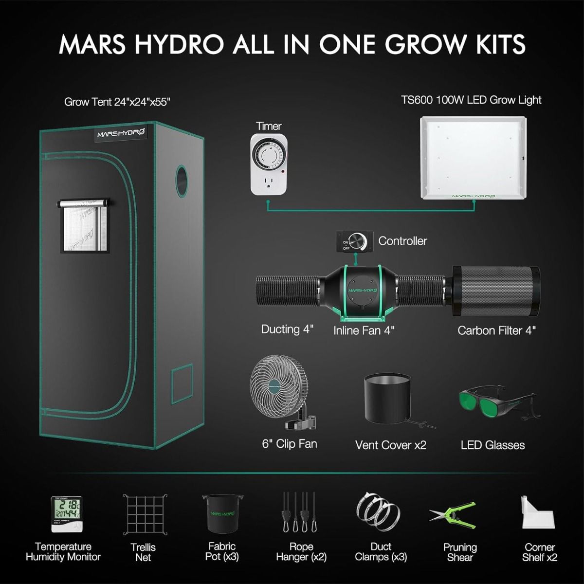 Mars Hydro TS 600 LED Grow Light + 2'X2'X4.5' (24"x24"x55") Complete Indoor Grow Tent Kits