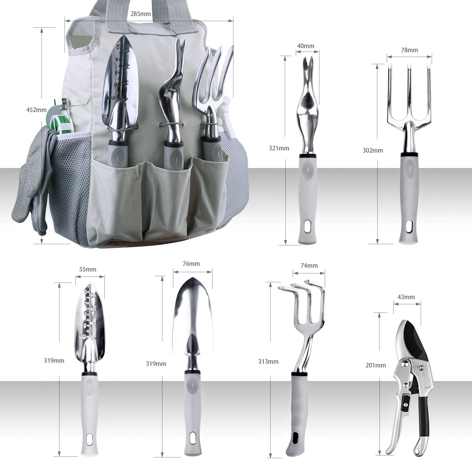 10-Piece Stainless Steel Garden Tool Set - Includes Shovel, Fork, Rake, Weeder, Gloves, Storage Bag, Pruner, Sprayer, Plant Tie