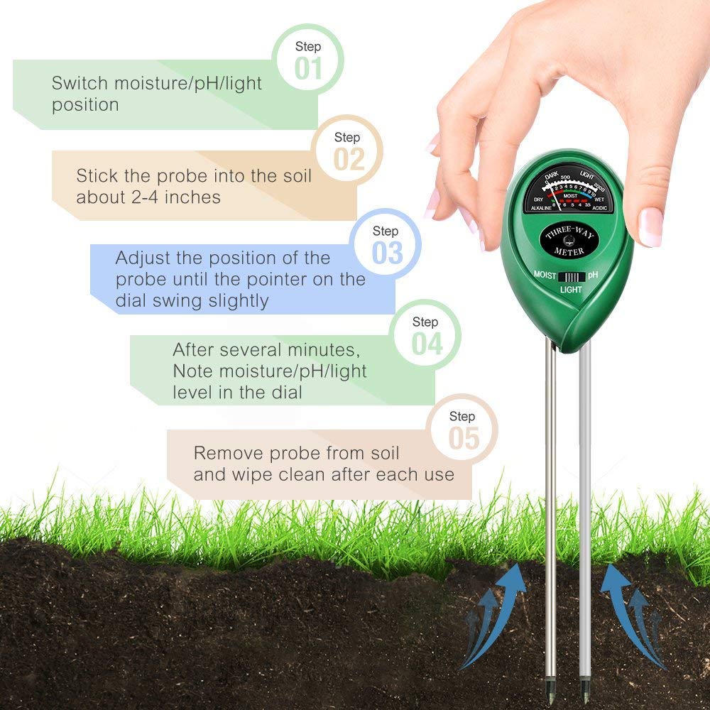 3-in-1 Soil pH Meter - Moisture, Light, and pH Tester for Garden and Lawn, No Battery Needed
