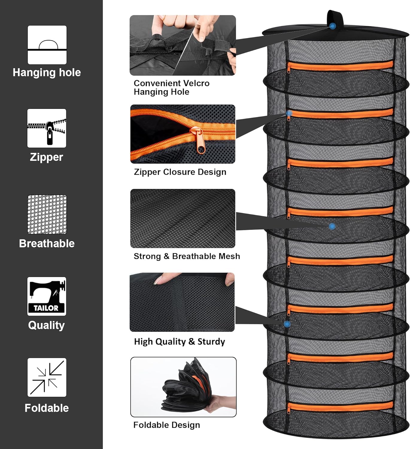 2ft Hanging Herb Drying Rack - 2/4/6/8 Layer Folding Mesh with Orange Zippers
