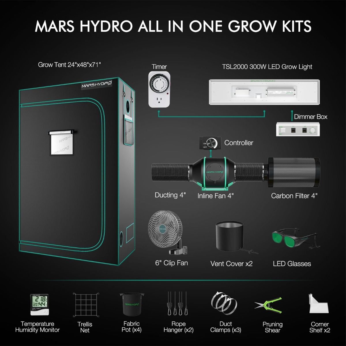 Mars Hydro TSL2000 LED Grow Light + 2'X4'(24"x48"x71") Indoor Complete Grow Tent Kits
