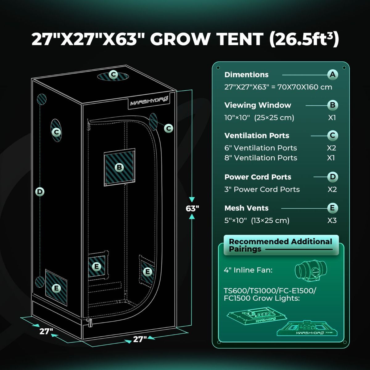 Mars Hydro TS1000 150W LED Grow Light + 2.3'X2.3'(70X70CM) Grow Tent Kits + 4” iFresh Full Fan Kits
