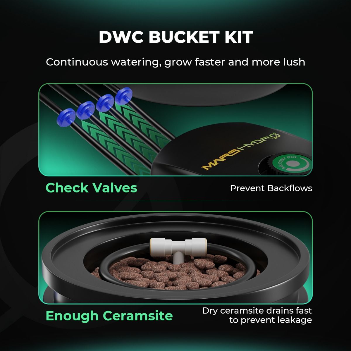 Premium Mars Hydro 5-Gallon DWC Hydroponic System Kit with 2 Buckets (8-inch each)