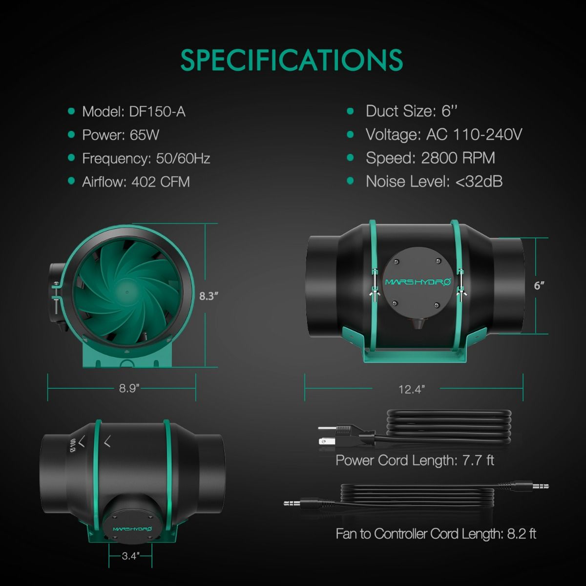 Mars Hydro 4 Inch Inline Fan And Carbon Filter Combo With Thermostat Controller