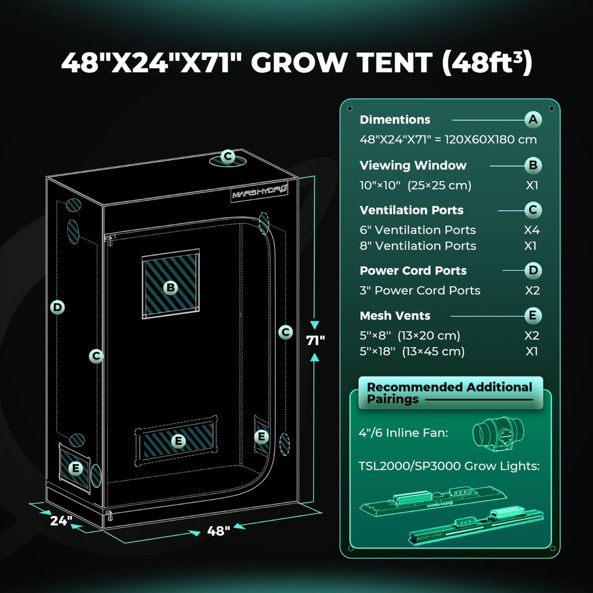 Mars Hydro TSL2000 LED Grow Light + 2'X4'(24"x48"x71") Indoor Complete Grow Tent Kits