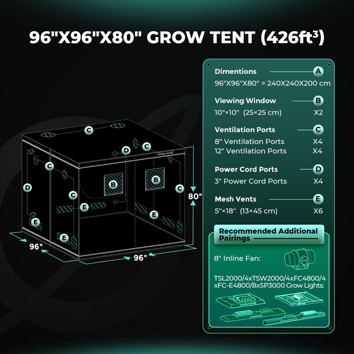 Mars Hydro Hydroponic 8'x8' Grow Tent - 96''X96''X80'' (240X240X200cm)