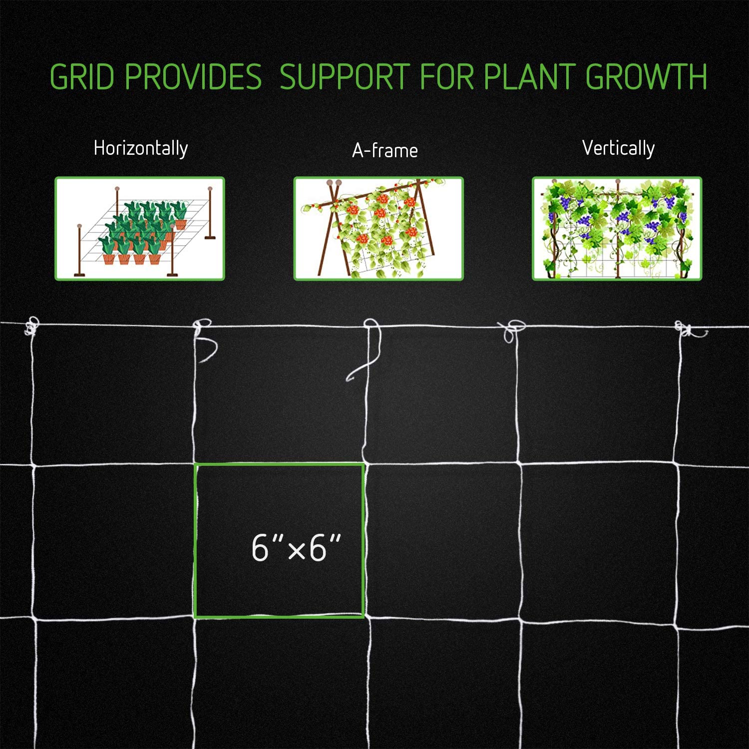 Growhouse Heavy-Duty Polyester Trellis Net - 6'' Mesh, Multiple Sizes for Climbing Plants